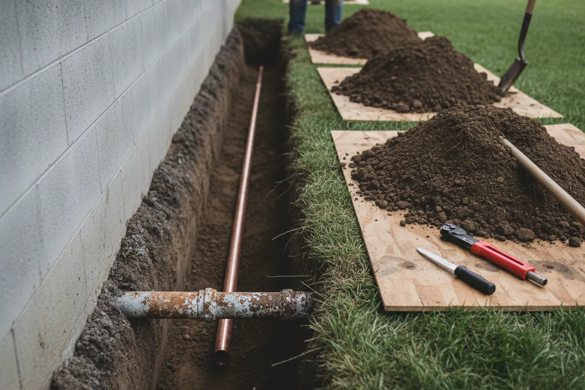 Excavated water line trench during Water Softener Installation in Union Star